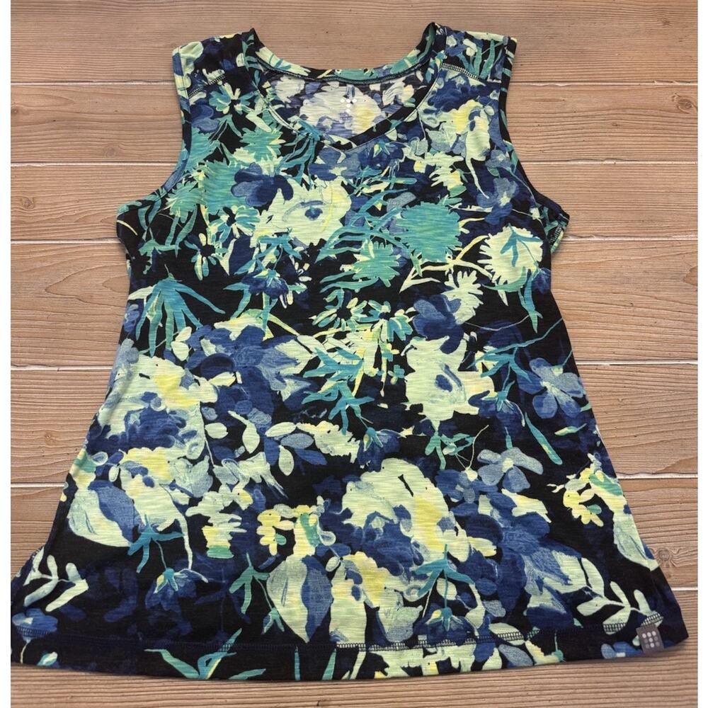 Title Nine MATAHARI Tank Top Sleeveless Shirt Blue Green Floral Watercolor Large